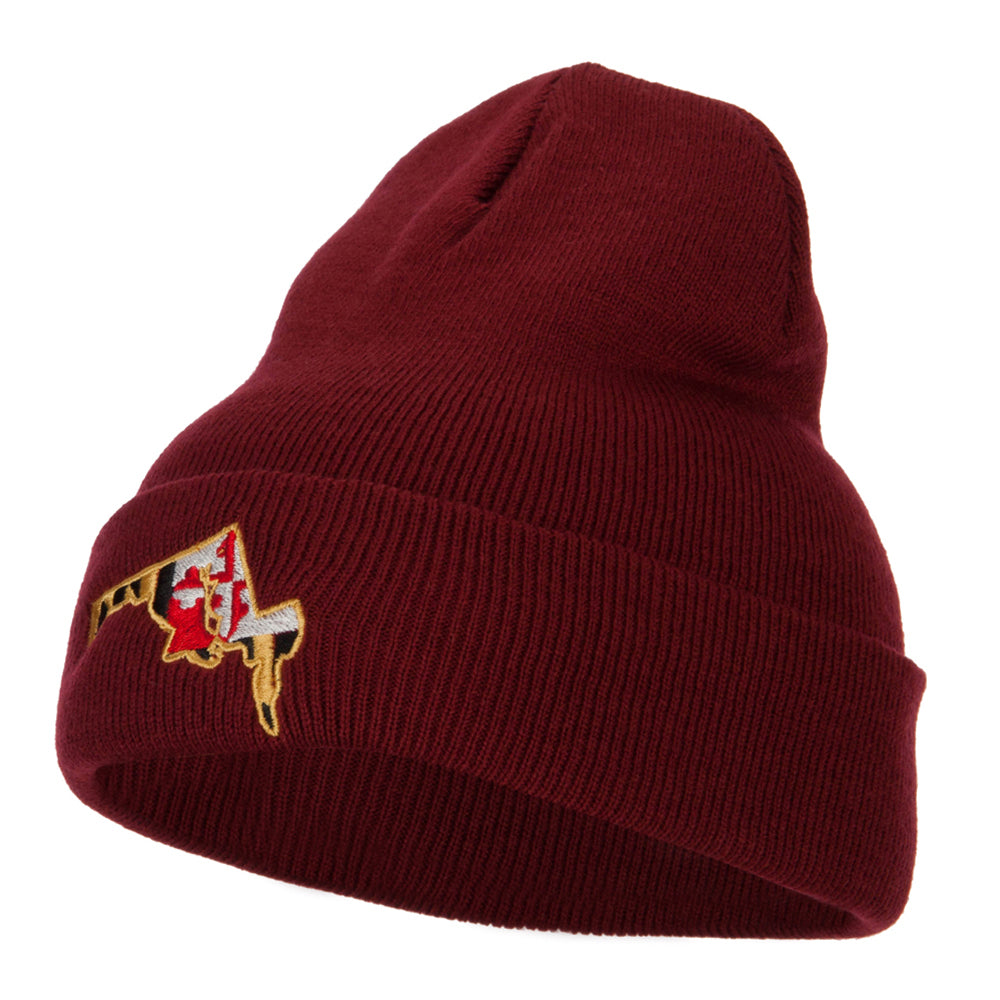 Maryland State Flag Map Embroidered Long Beanie - Maroon OSFM