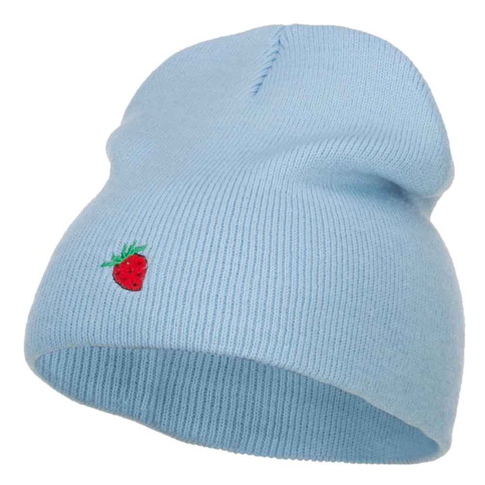 Mini Strawberry Embroidered Short Beanie - Lt Blue OSFM