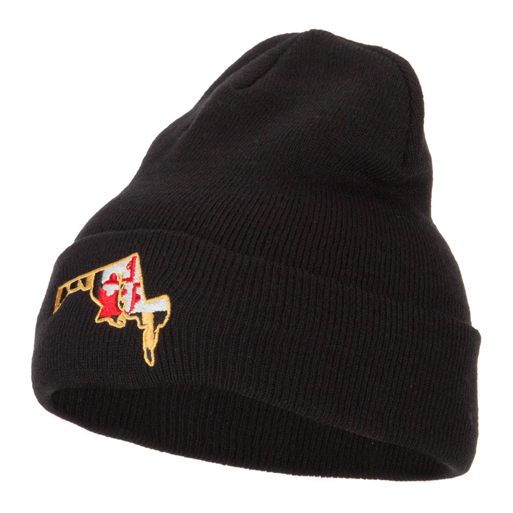 Maryland State Flag Map Embroidered Long Beanie - Black OSFM