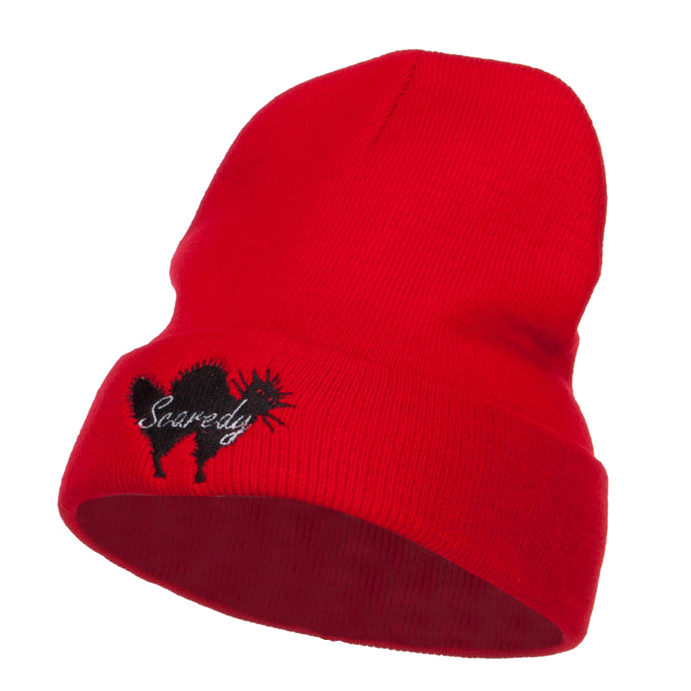 Halloween Scaredy Cat Embroidered Long Beanie - Red OSFM