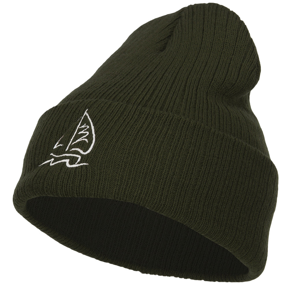Sailboat Embroidered Heavy Ribbed Long Beanie - Olive OSFM