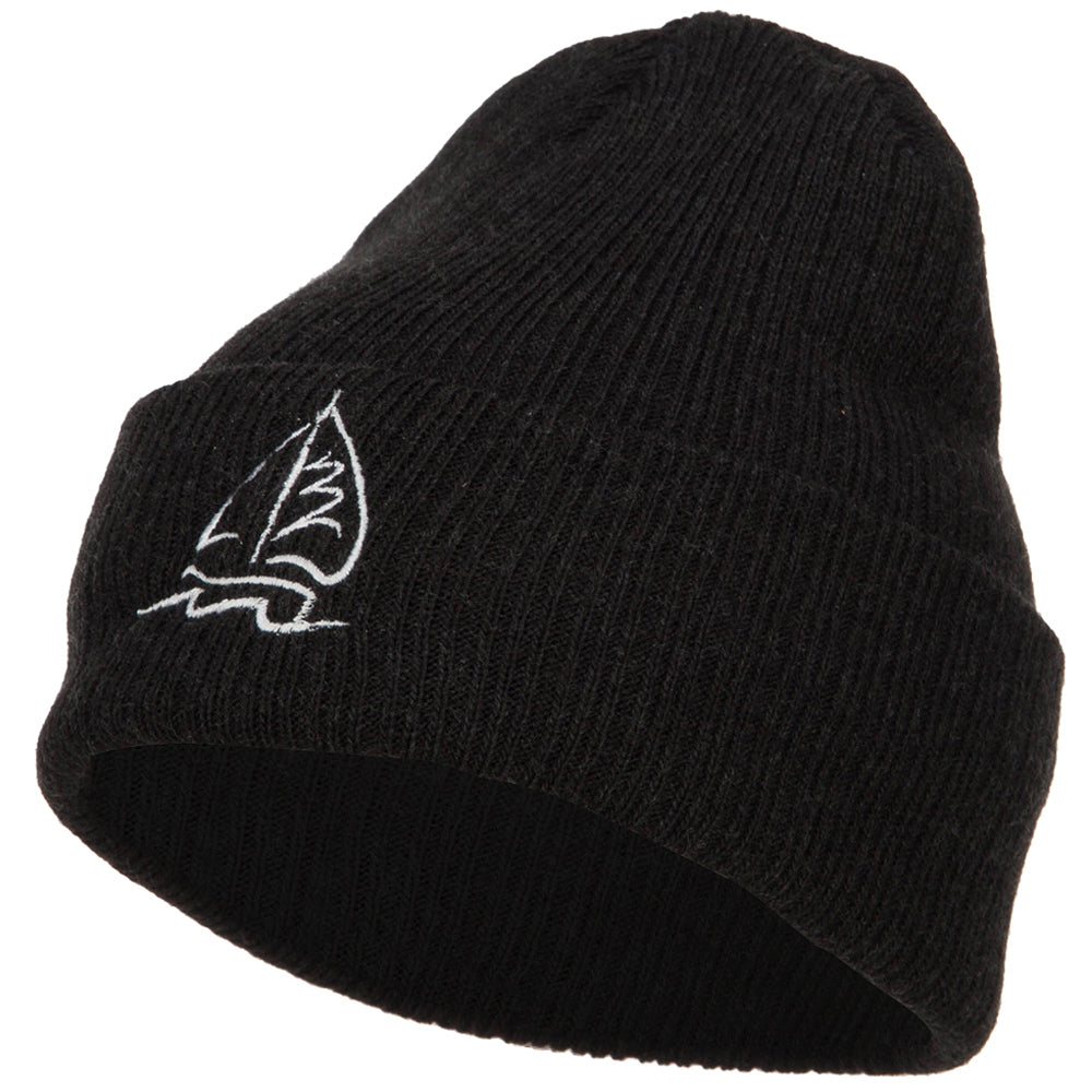 Sailboat Embroidered Heavy Ribbed Long Beanie - Black OSFM