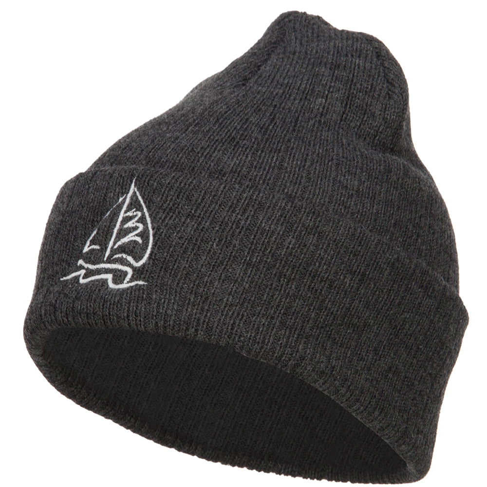 Sailboat Embroidered Heavy Ribbed Long Beanie - Charcoal OSFM