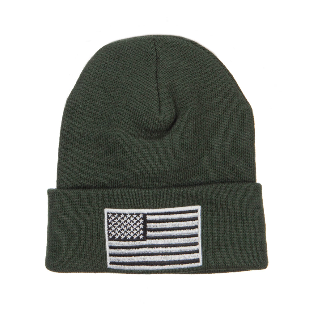 Silver American Flag Embroidered Beanie - Olive OSFM