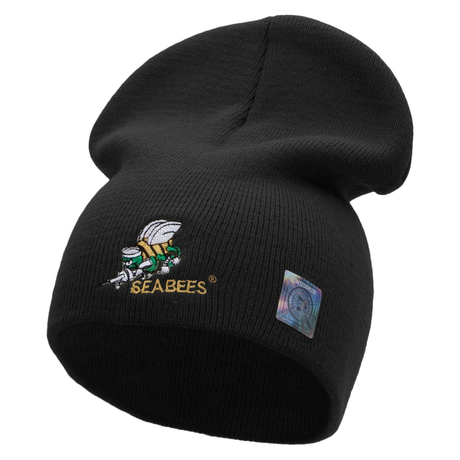 Licensed Navy Seabees Symbol Embroidered Short Beanie Made in USA - Black OSFM