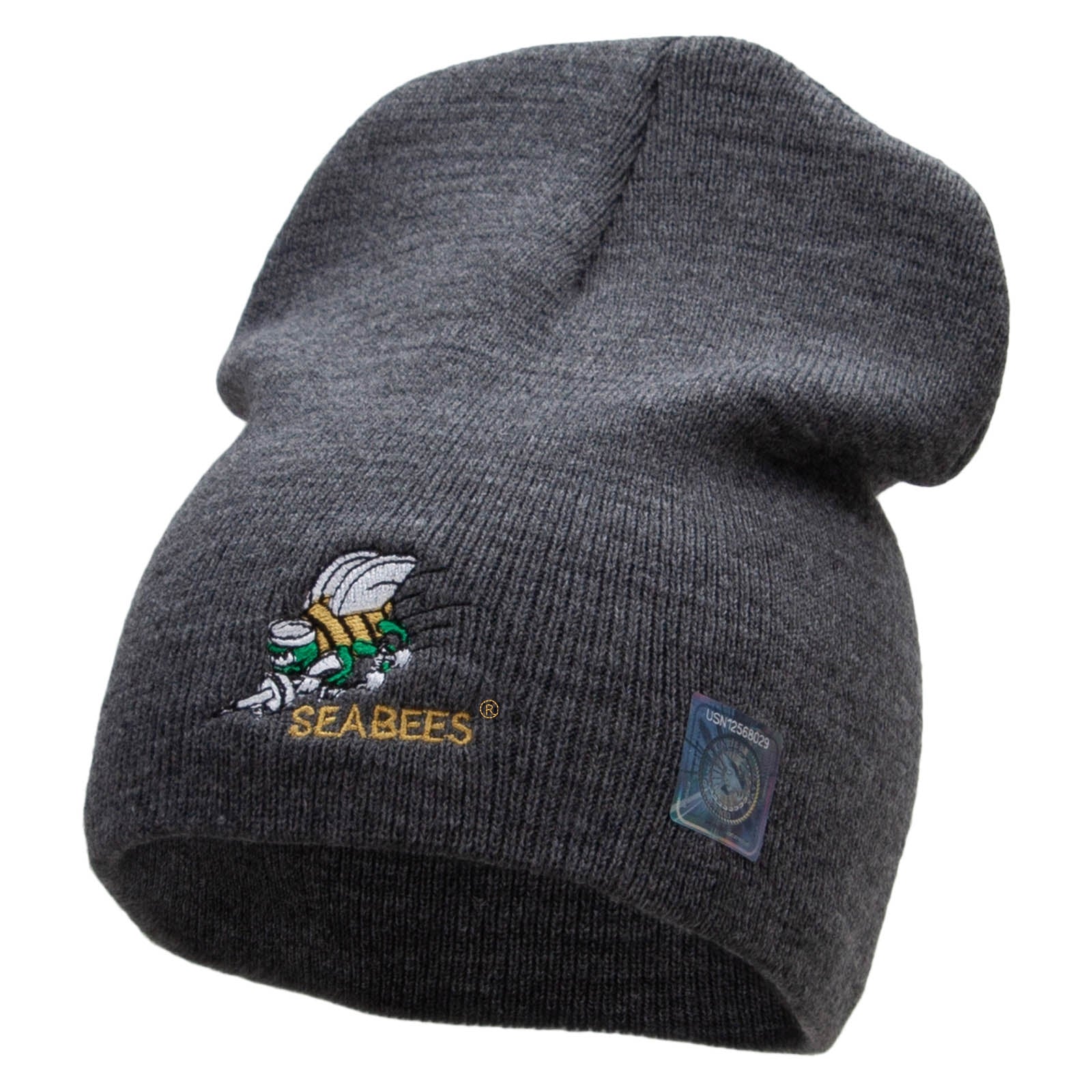 Licensed Navy Seabees Symbol Embroidered Short Beanie Made in USA - Dk Grey OSFM