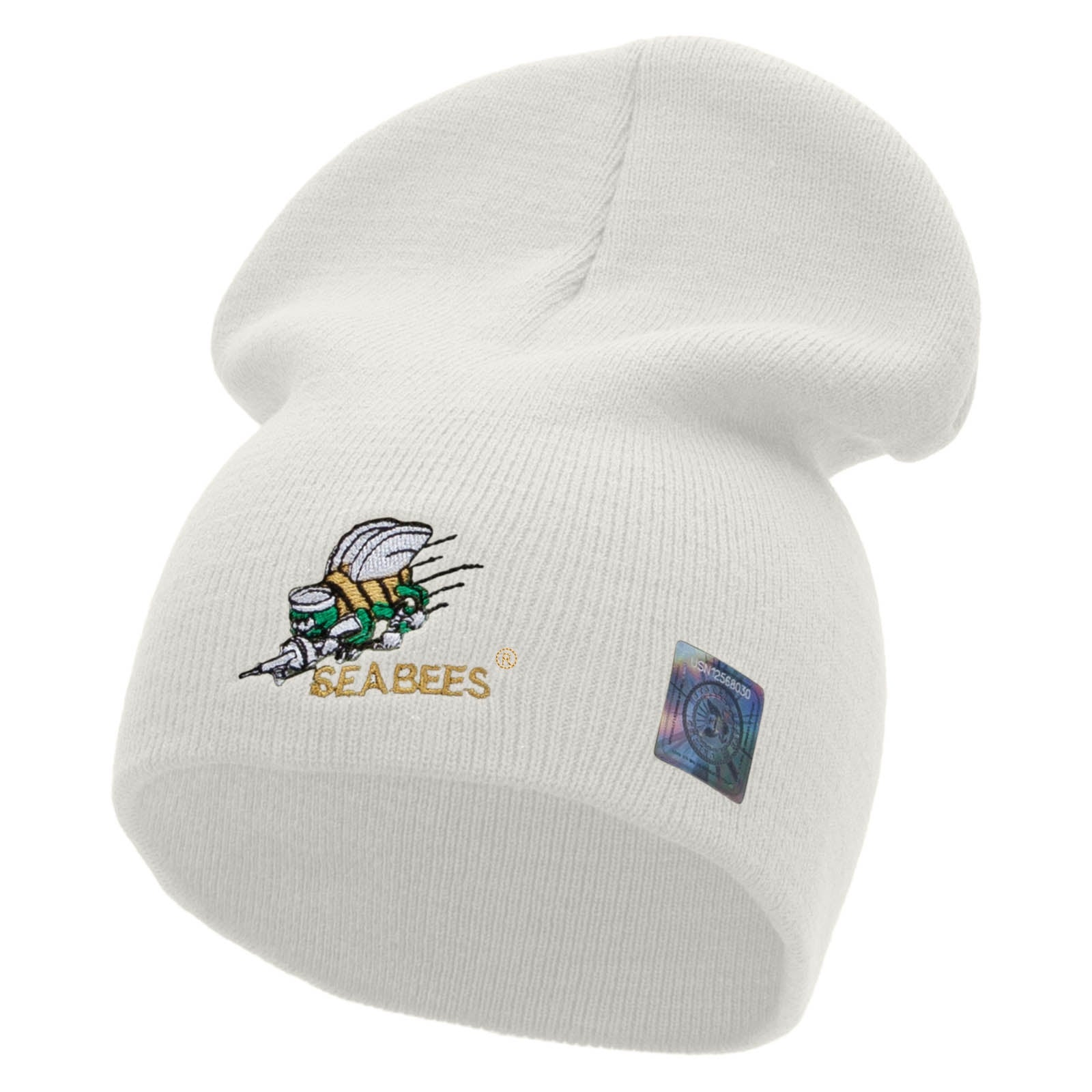 Licensed Navy Seabees Embroidered Short Beanie Made in USA - White OSFM