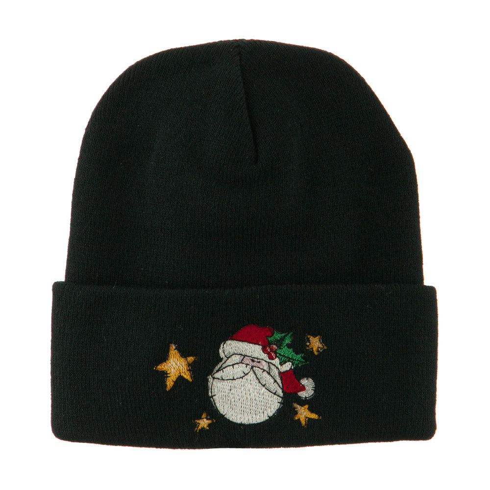 Santa Claus with Stars Embroidered Beanie - Black OSFM