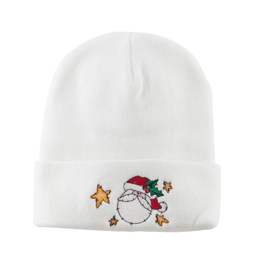 Santa Claus with Stars Embroidered Beanie - White OSFM