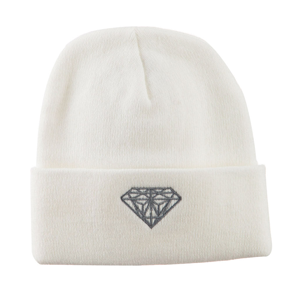 Small Diamond Embroidered Long Beanie - White OSFM