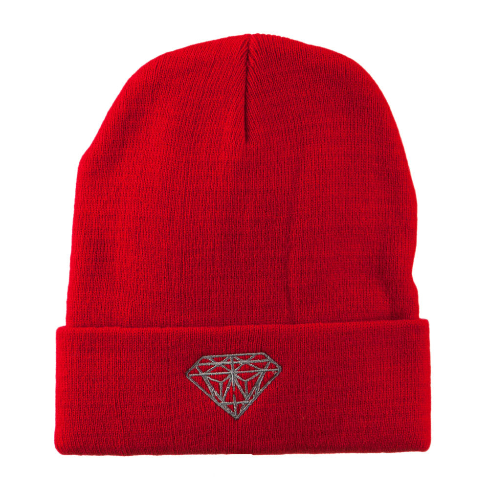 Small Diamond Embroidered Long Beanie - Red OSFM