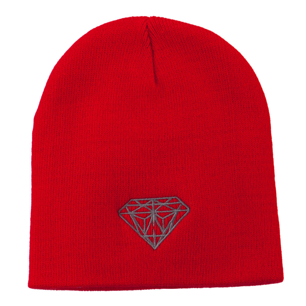 Small Diamond Embroidered Short Beanie - Red OSFM