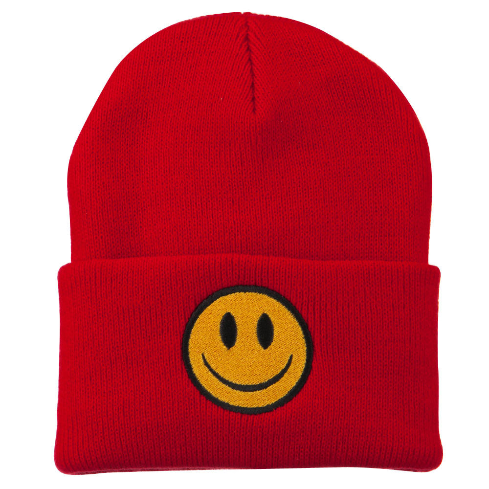Smile Face Embroidered Long Beanie - Red OSFM