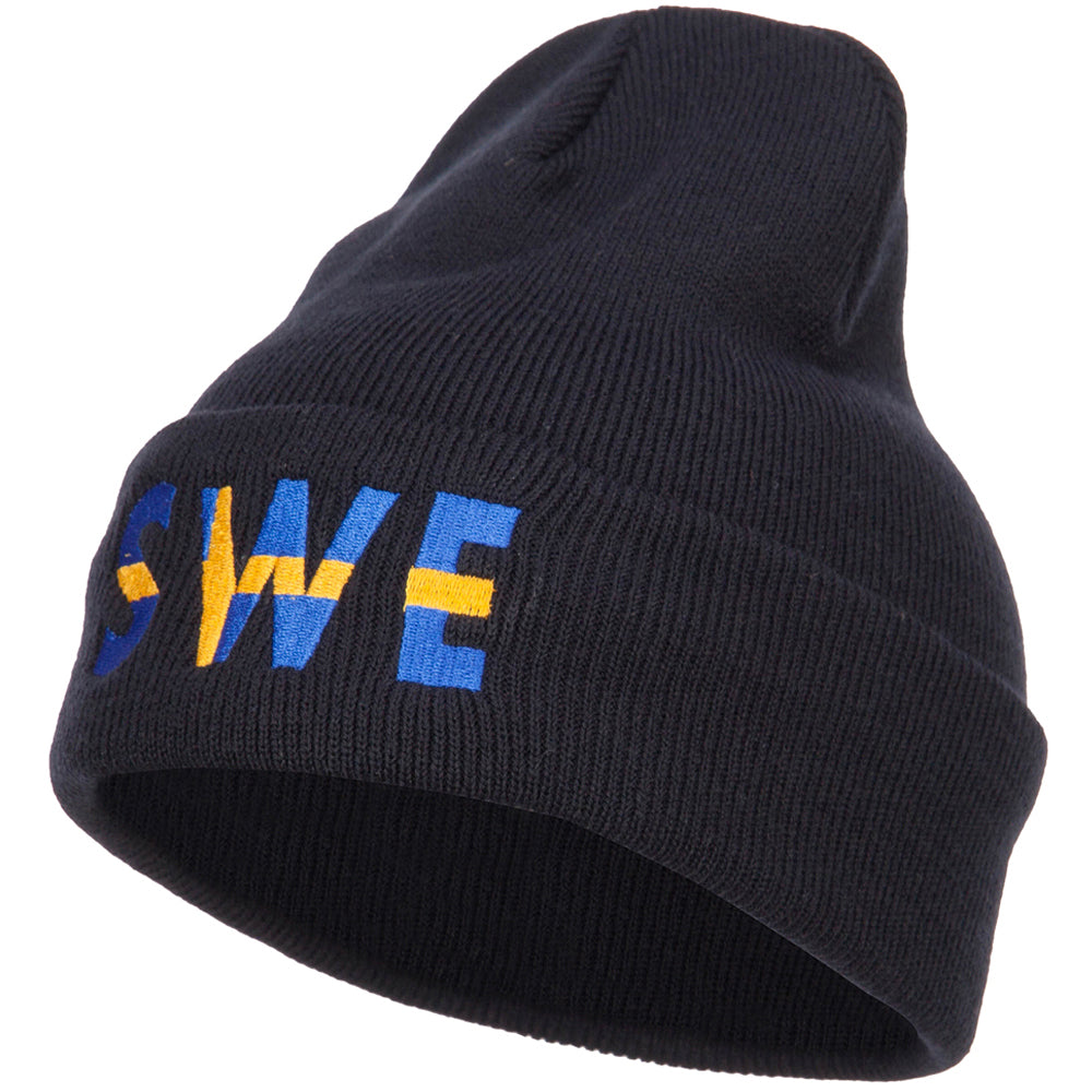 Sweden SWE Flag Embroidered Long Beanie - Navy OSFM