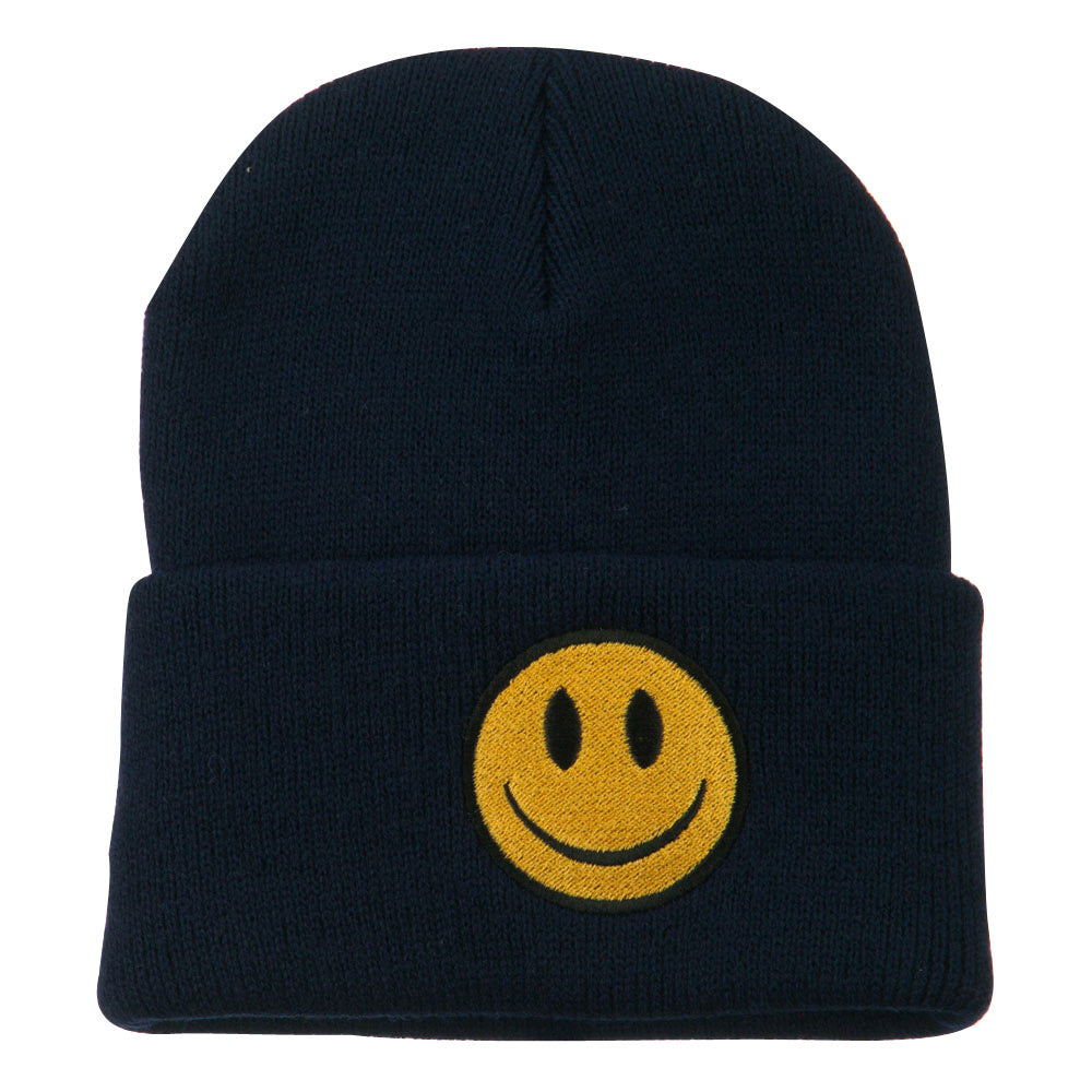 Smile Face Embroidered Long Beanie - Navy OSFM