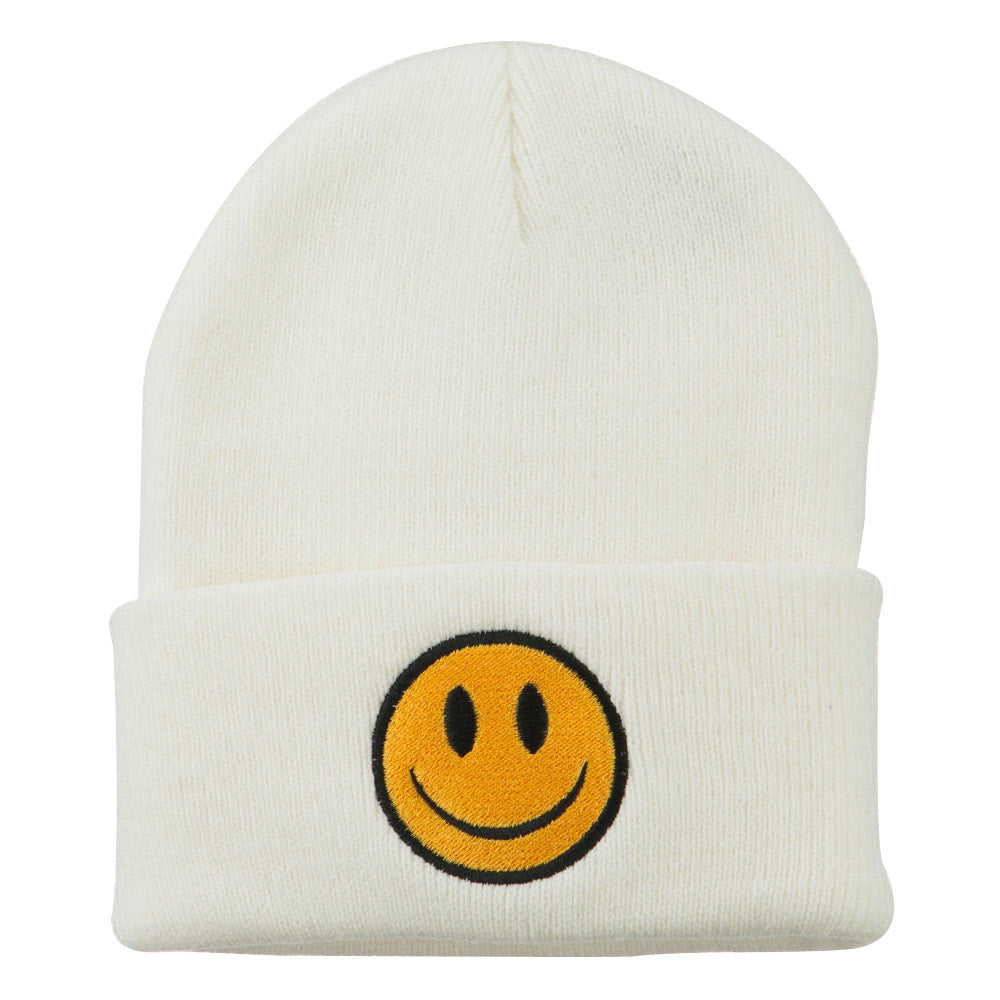 Smile Face Embroidered Long Beanie - White OSFM