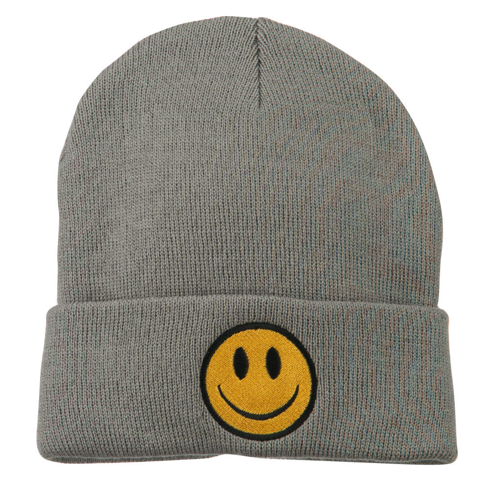 Smile Face Embroidered Long Beanie - Light Grey OSFM