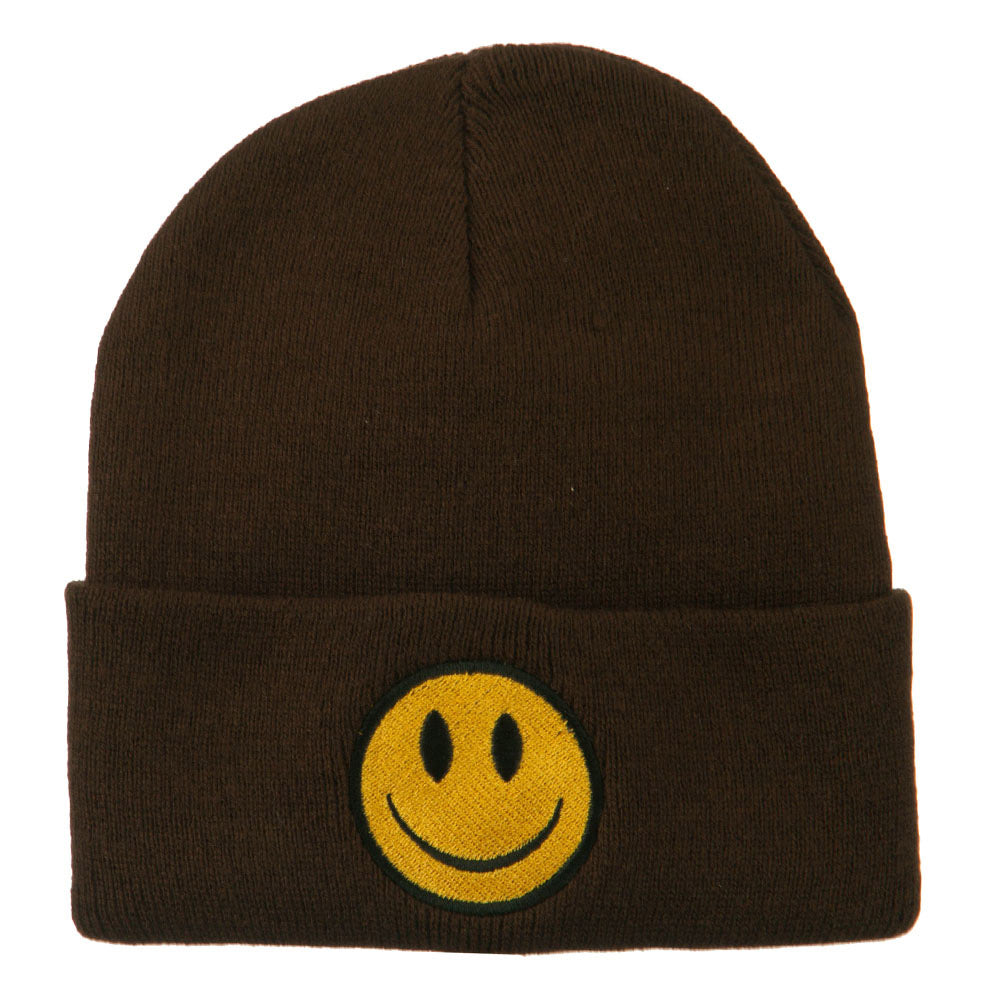 Smile Face Embroidered Long Beanie - Brown OSFM