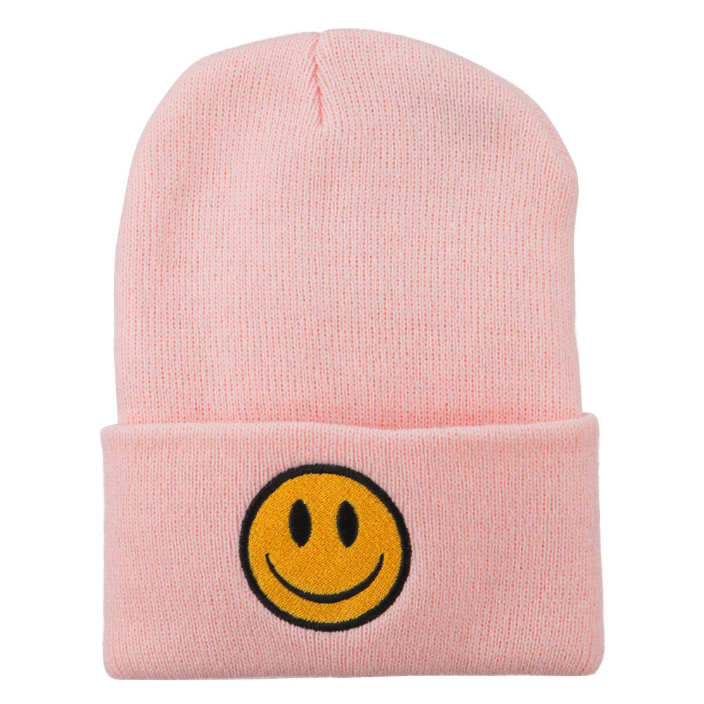 Smile Face Embroidered Long Beanie - Pink OSFM