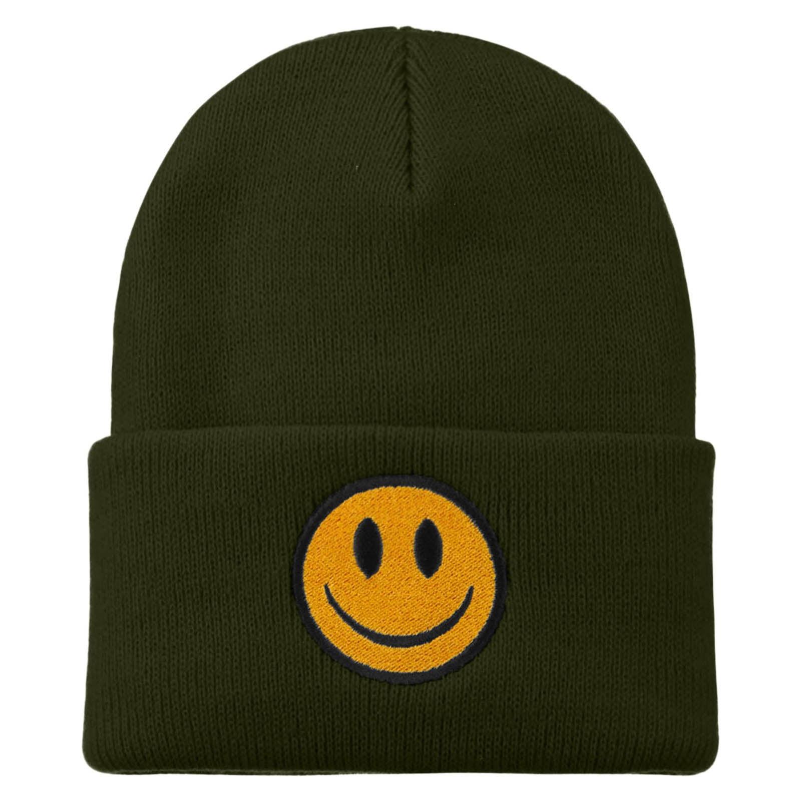 Smile Face Embroidered Long Beanie - Olive OSFM
