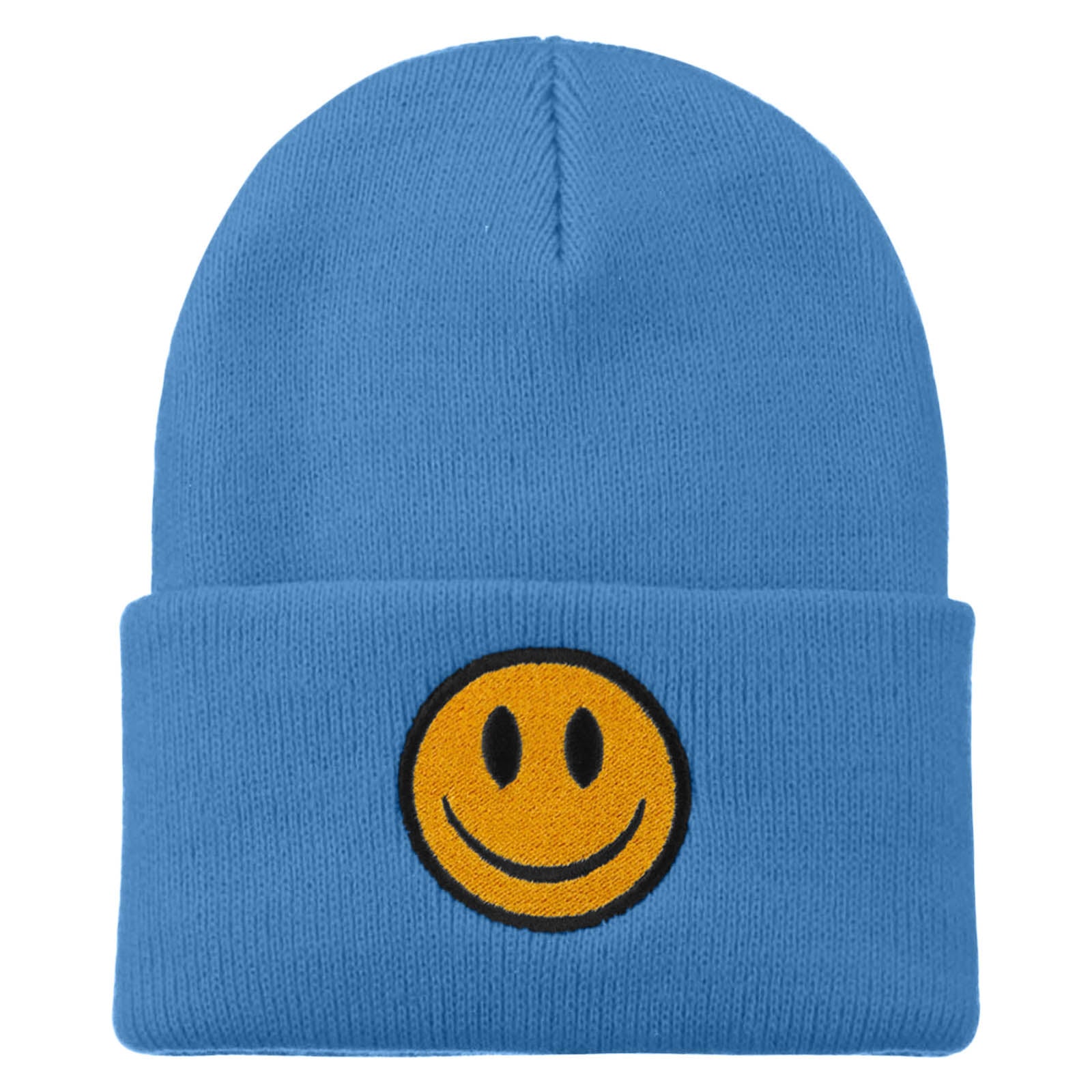 Smile Face Embroidered Long Beanie - Sky Blue OSFM