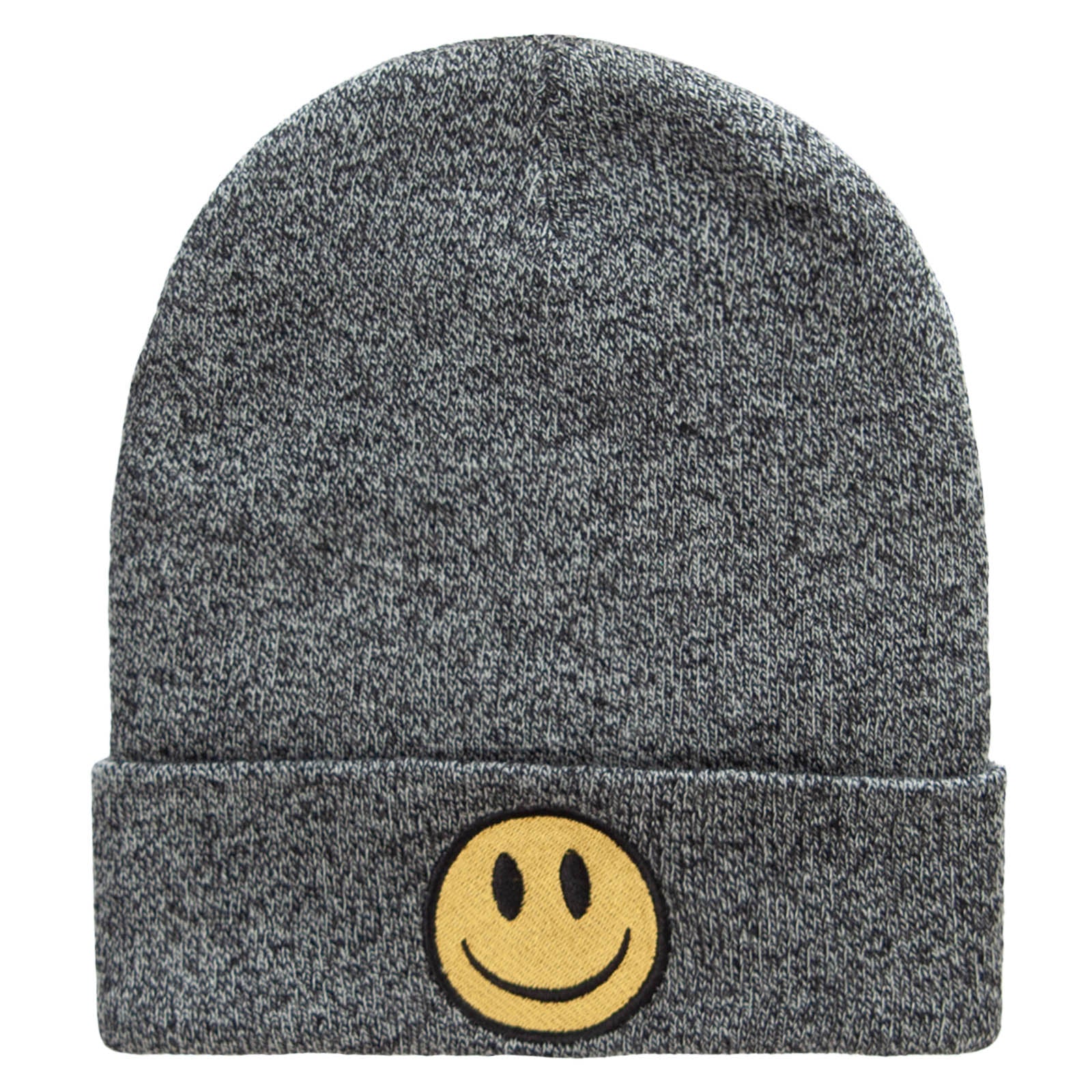 Smile Face Embroidered Long Beanie - Black Marled OSFM