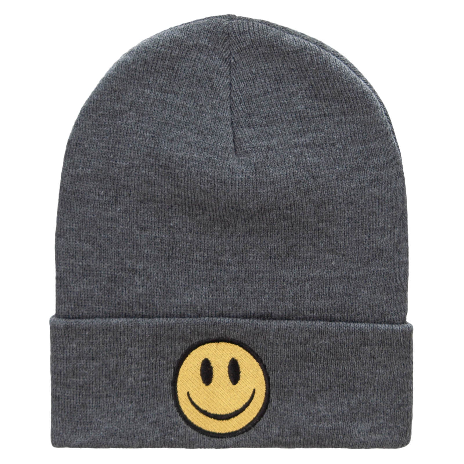 Smile Face Embroidered Long Beanie - Heather Charcoal OSFM