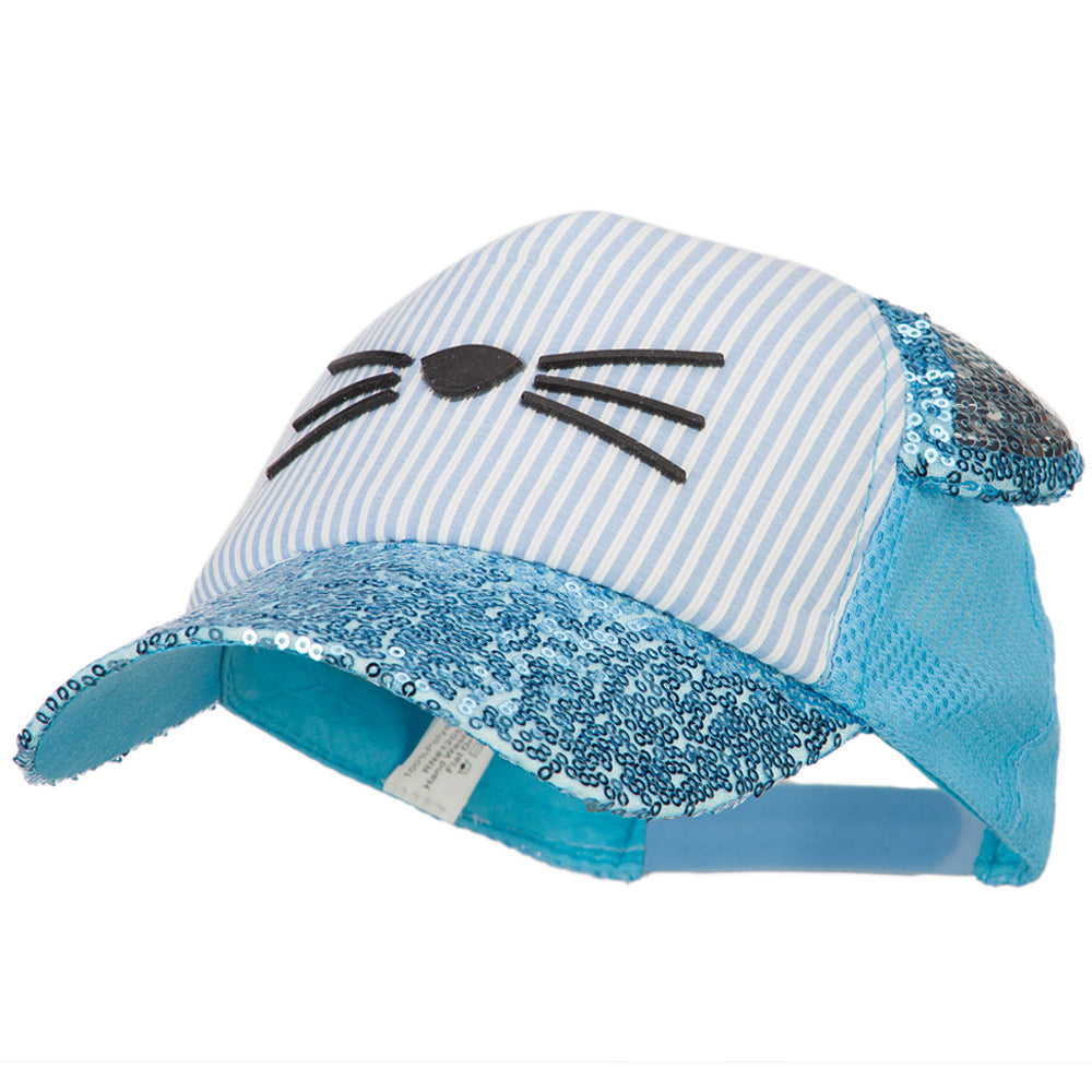 Girl&#039;s Sequin Kitty Ears and Brim Stripe Ball Cap - Aqua OSFM