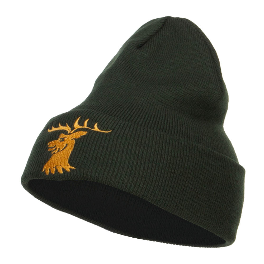 Stag Emblem Embroidered Long Beanie - Olive OSFM
