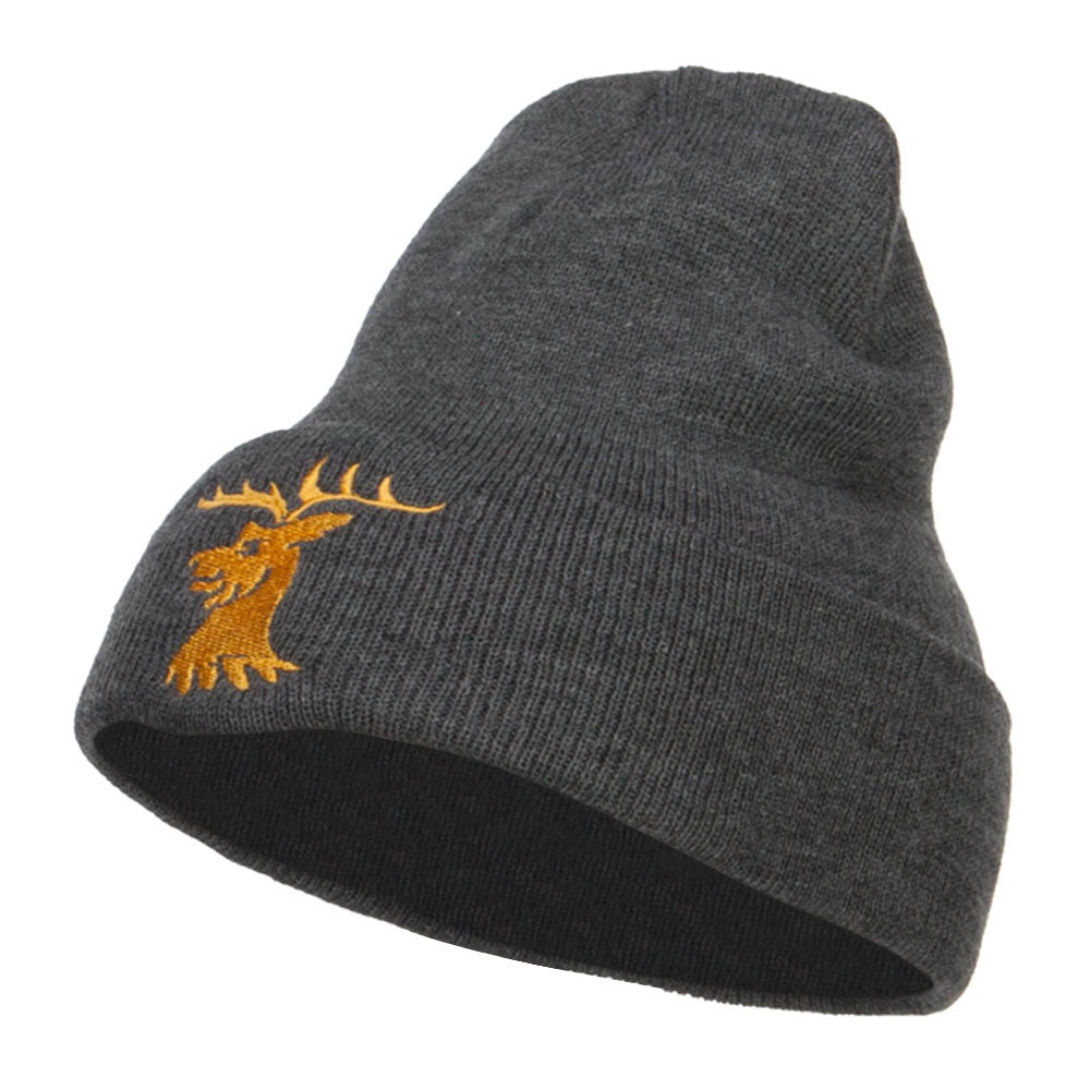 Stag Emblem Embroidered Long Beanie - Dk Grey OSFM