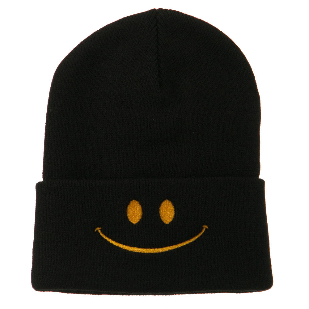 Happy Smile Face Embroidered Knit Beanie - Black OSFM