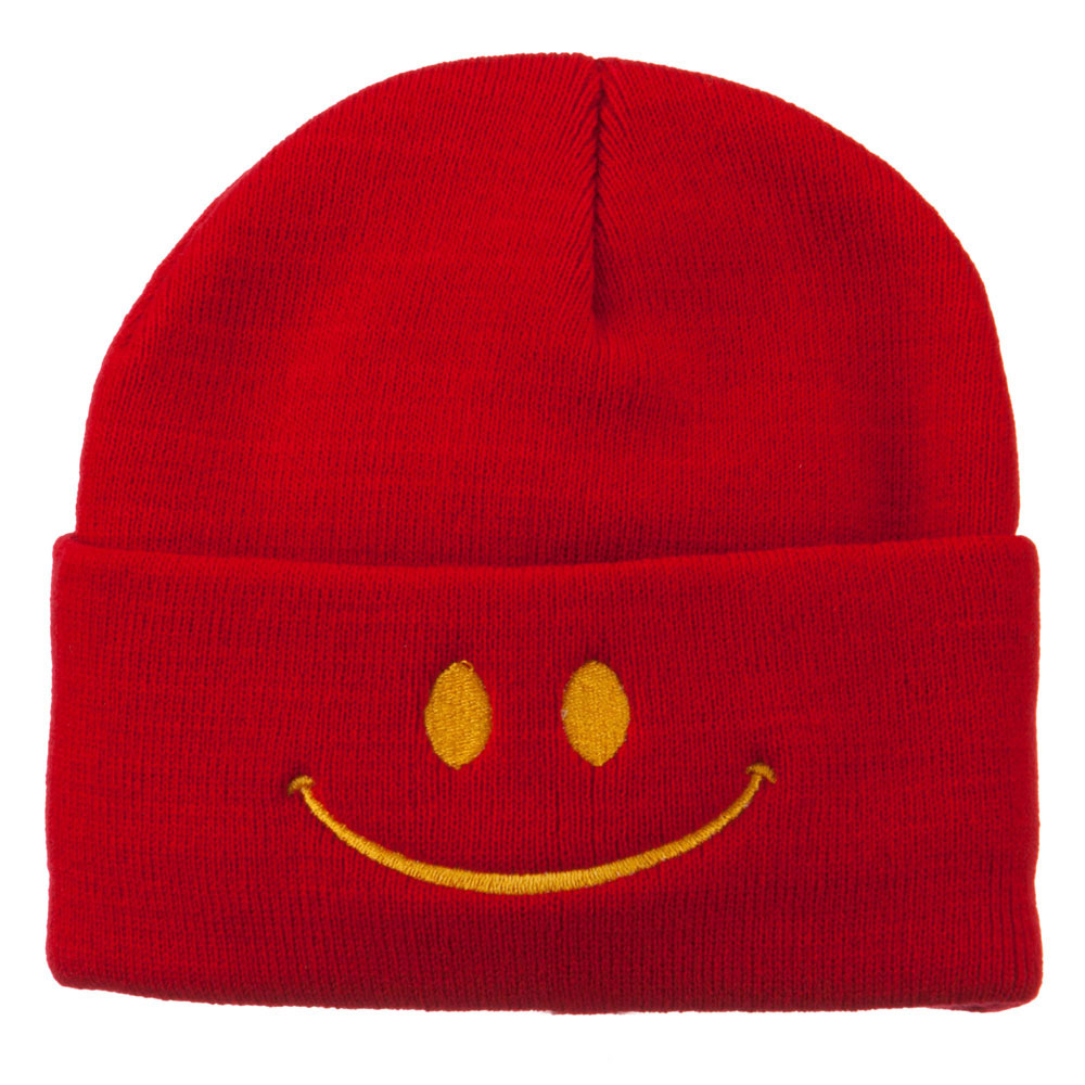 Happy Smile Face Embroidered Knit Beanie - Red OSFM