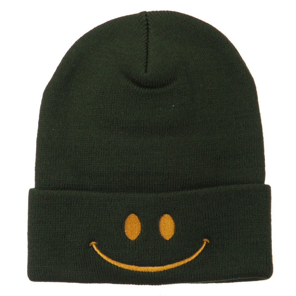 Happy Smile Face Embroidered Knit Beanie - Olive OSFM