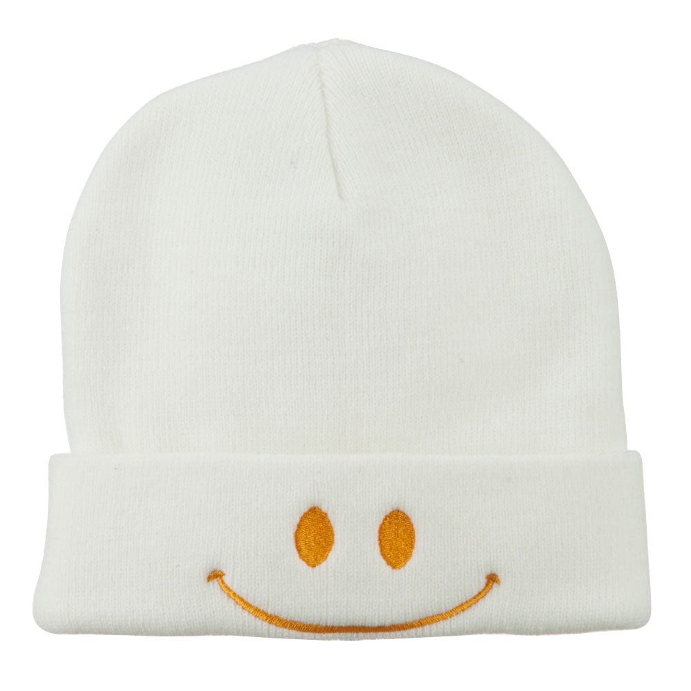 Happy Smile Face Embroidered Knit Beanie - White OSFM