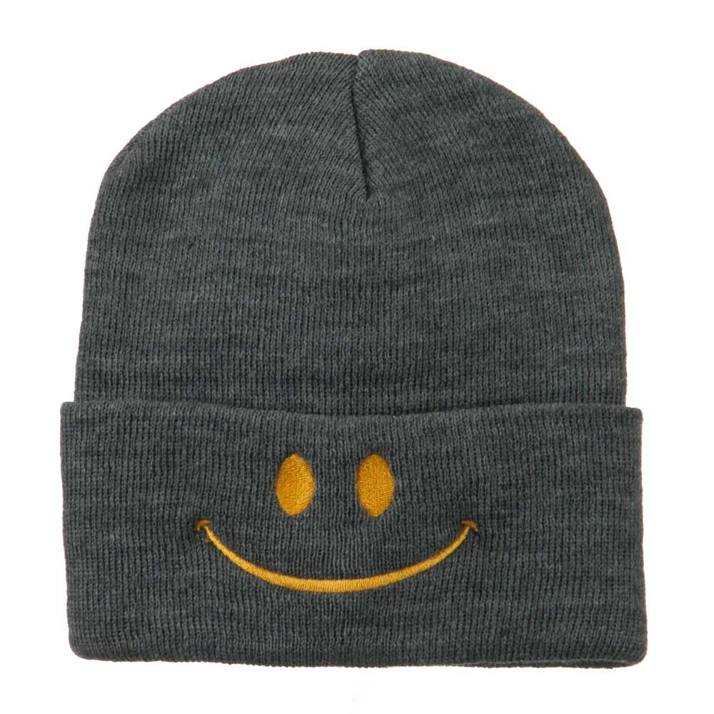 Happy Smile Face Embroidered Knit Beanie - Grey OSFM