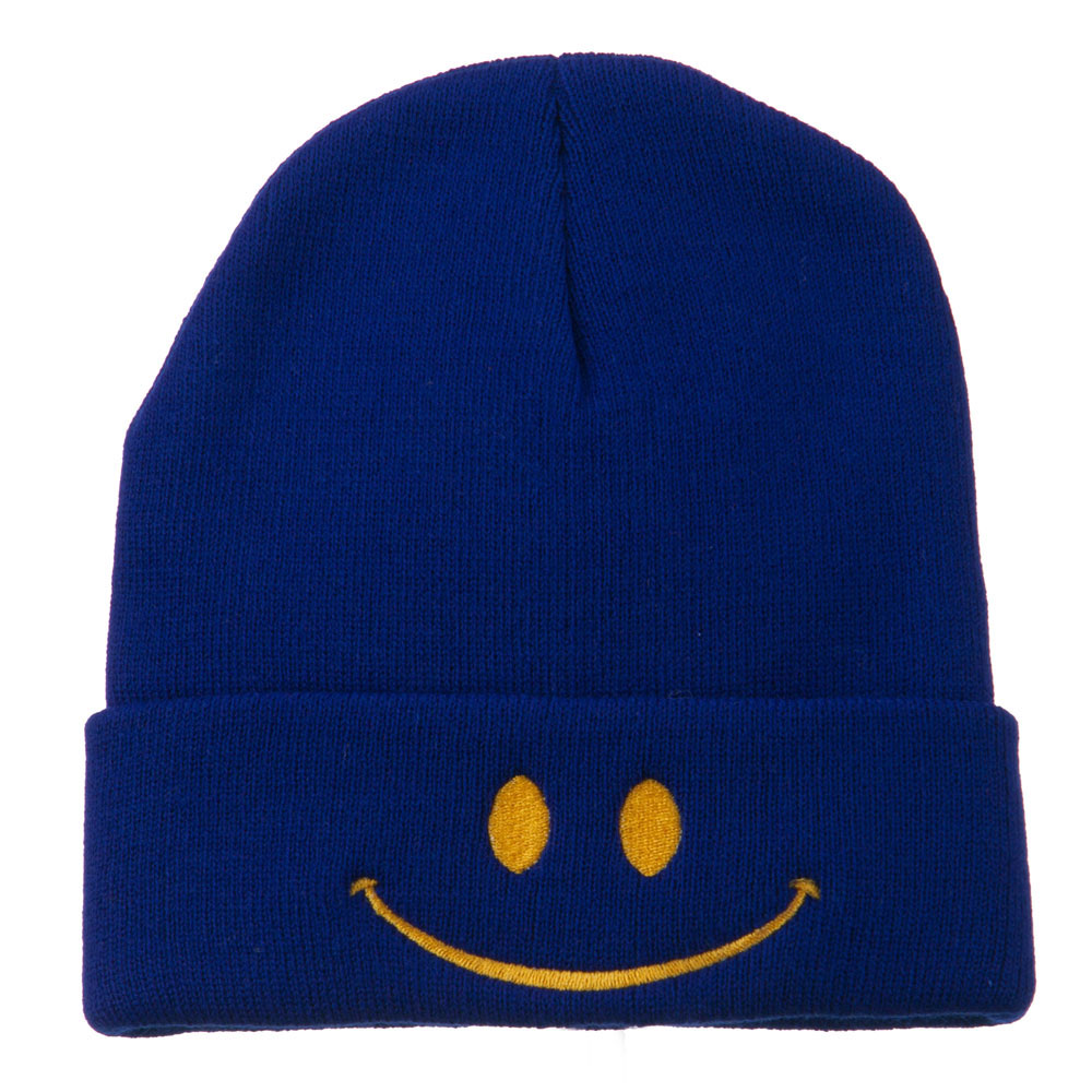 Happy Smile Face Embroidered Knit Beanie - Royal OSFM