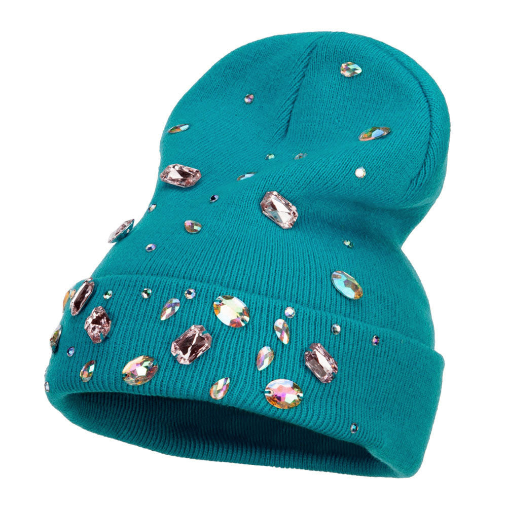Stones Accented Cuff Long Beanie - Turquoise OSFM