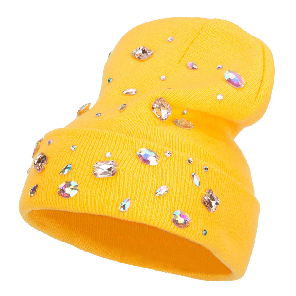 Stones Accented Cuff Long Beanie - Yellow OSFM