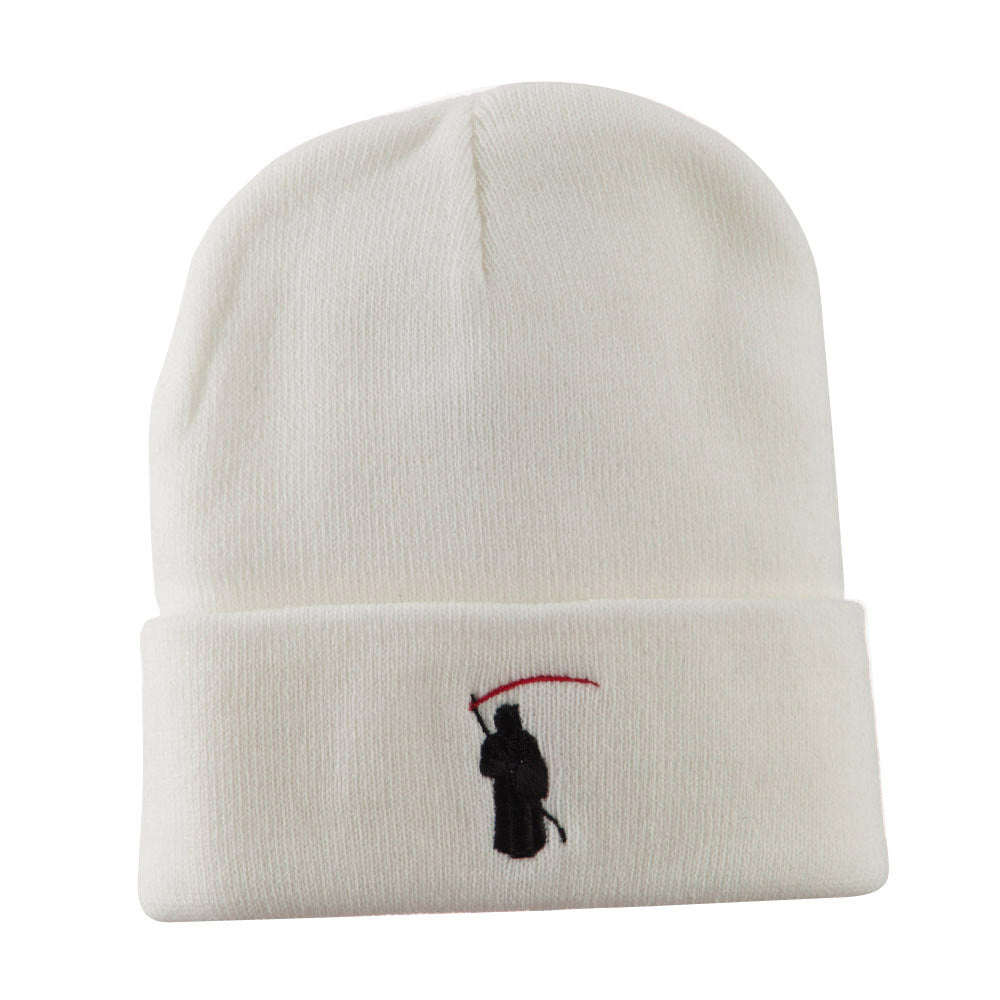 Halloween Solid Image of the Grim Reaper Embroidered Long Beanie - White OSFM