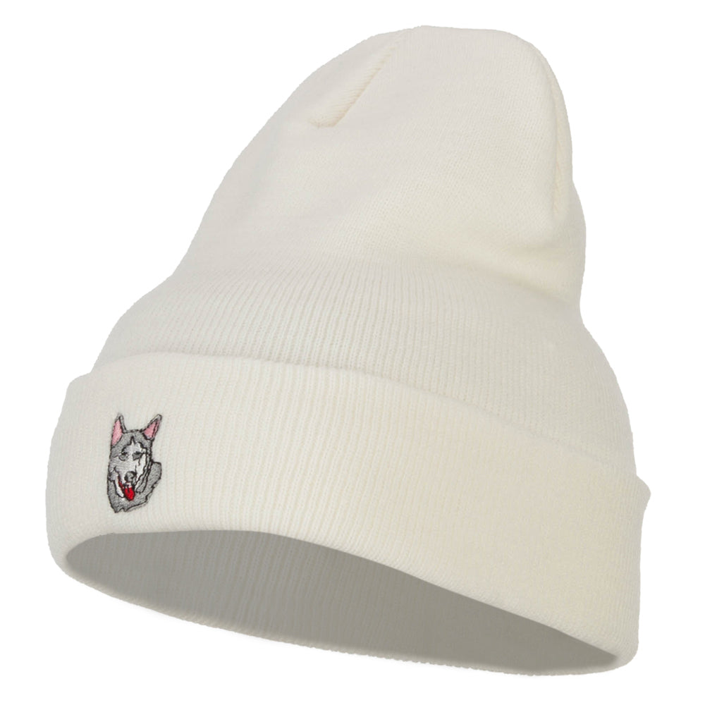 Siberian Husky Embroidered Long Beanie - White OSFM