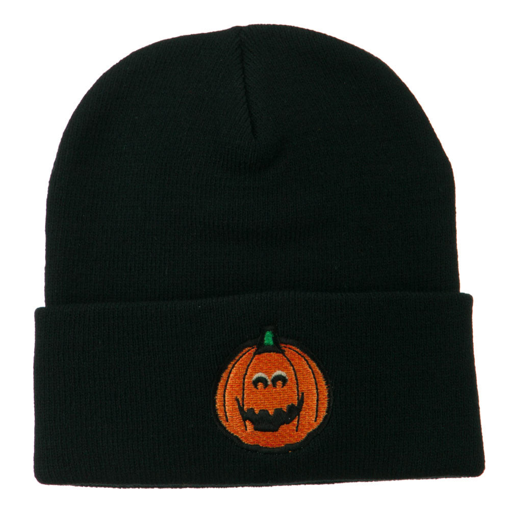 Halloween Surprised Jack o Lantern Embroidered Long Beanie - Navy OSFM