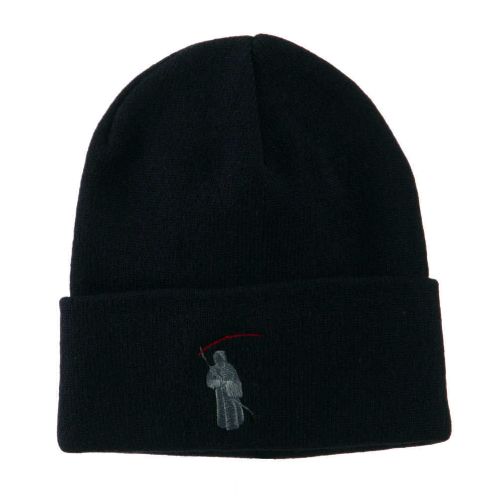 Halloween Solid Image of the Grim Reaper Embroidered Long Beanie - Navy OSFM