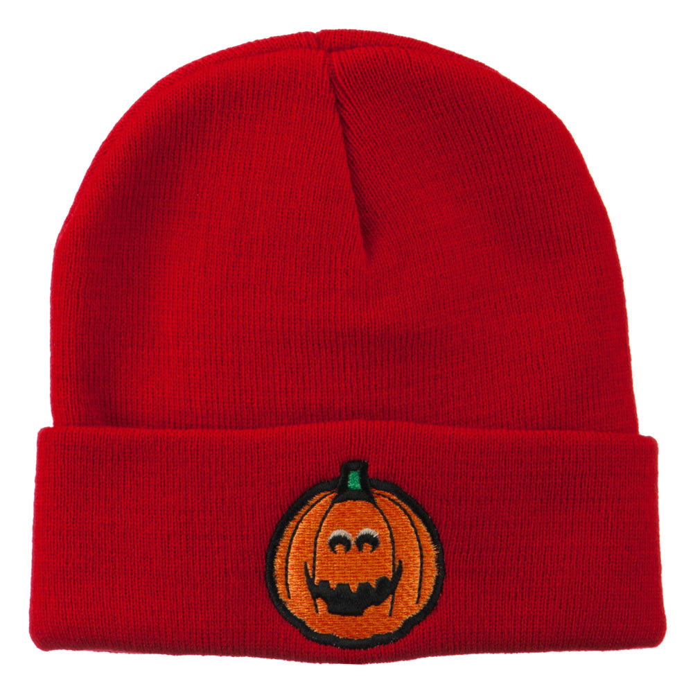 Halloween Surprised Jack o Lantern Embroidered Long Beanie - Red OSFM