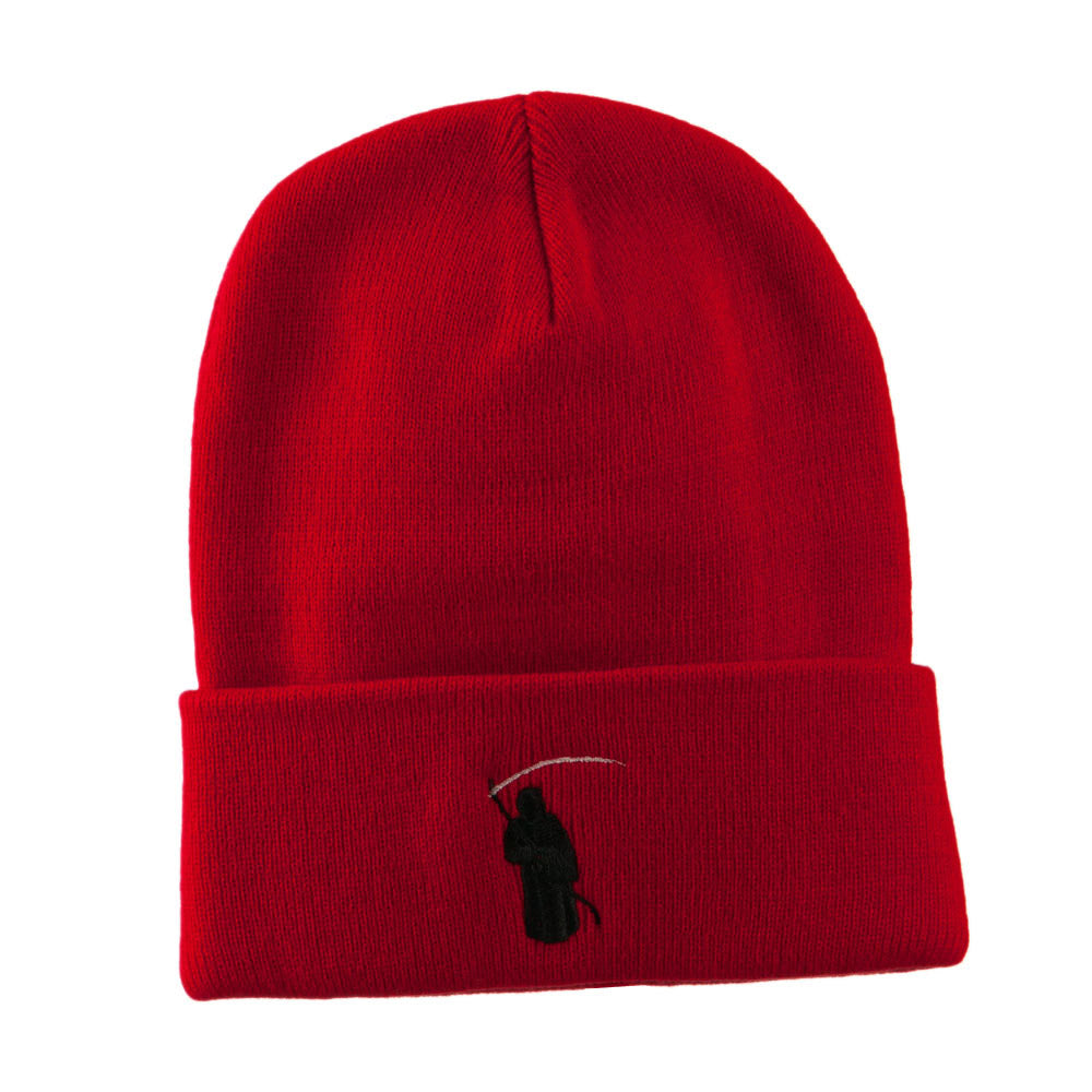 Halloween Solid Image of the Grim Reaper Embroidered Long Beanie - Red OSFM