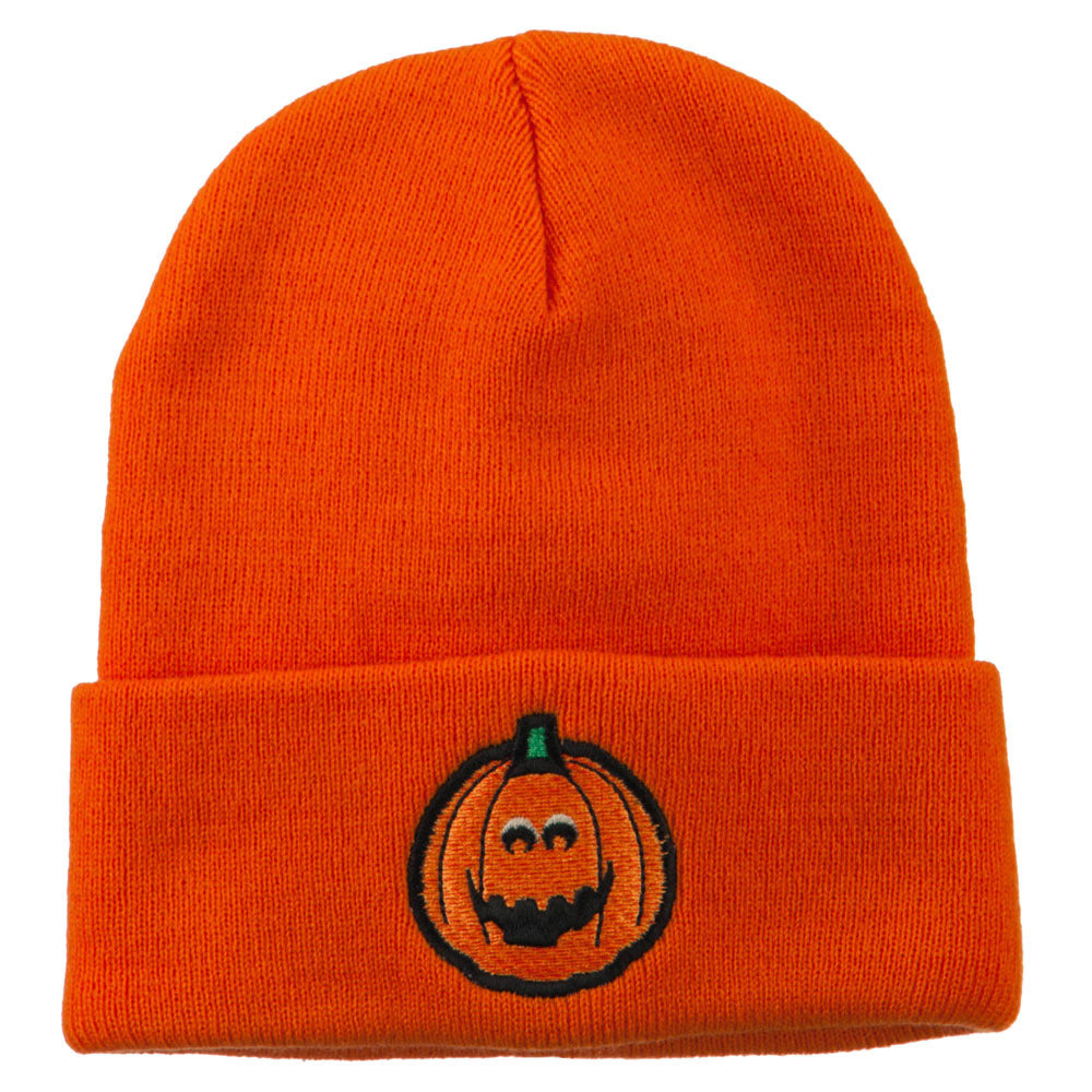 Halloween Surprised Jack o Lantern Embroidered Long Beanie - Orange OSFM