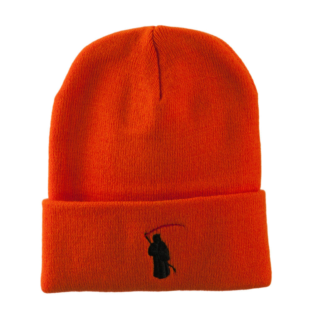 Halloween Solid Image of the Grim Reaper Embroidered Long Beanie - Orange OSFM