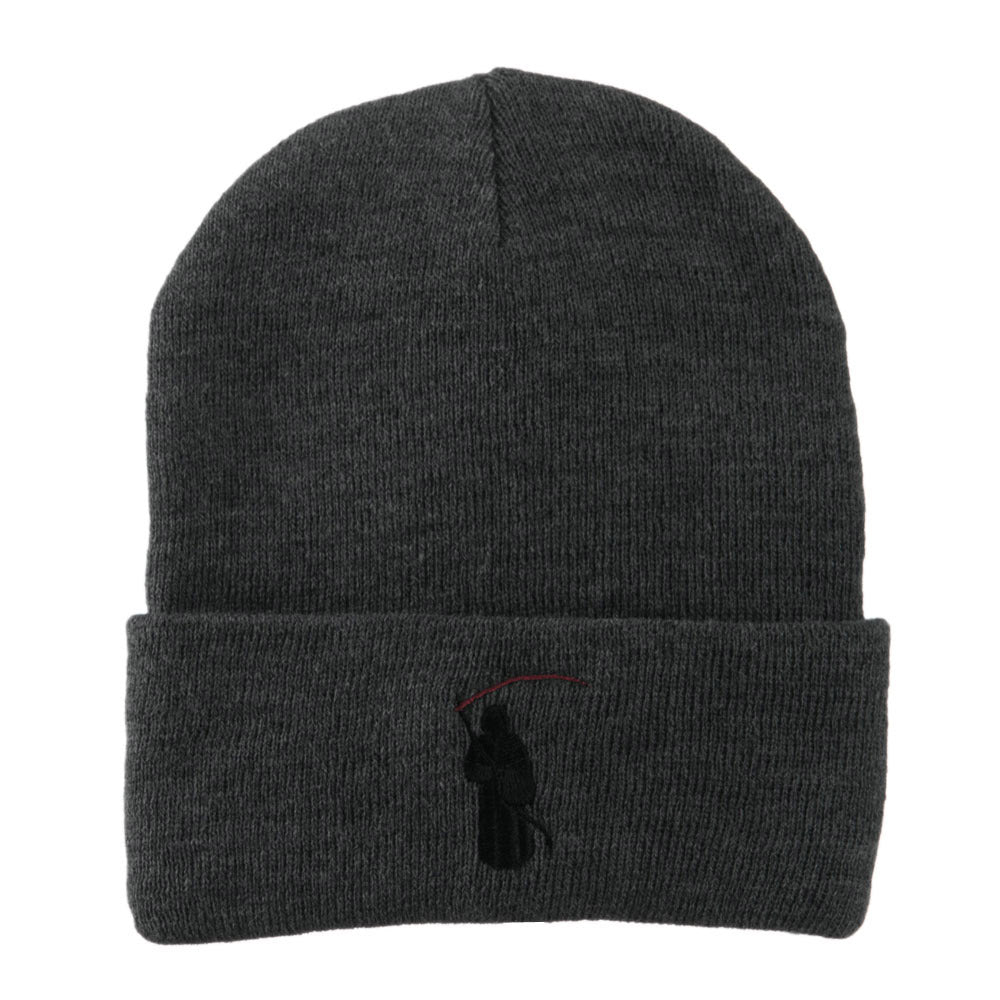 Halloween Solid Image of the Grim Reaper Embroidered Long Beanie - Grey OSFM