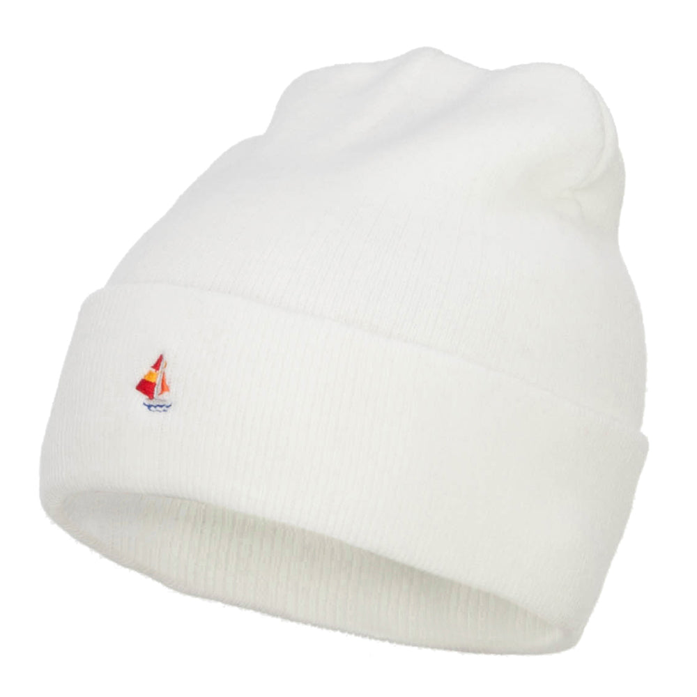 Mini Sailboat Embroidered Long Beanie - White OSFM