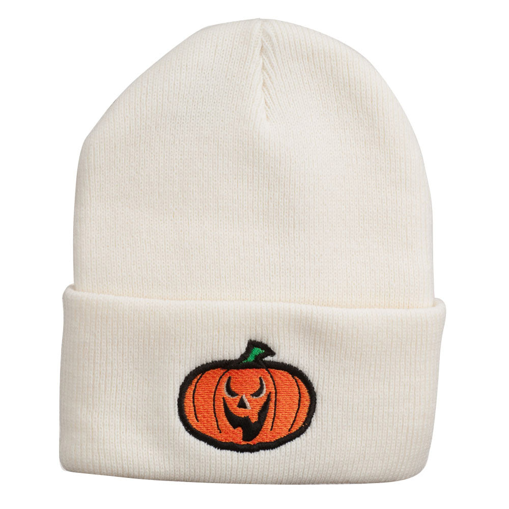 Halloween Scary Jack o Lantern Embroidered Long Beanie - White OSFM