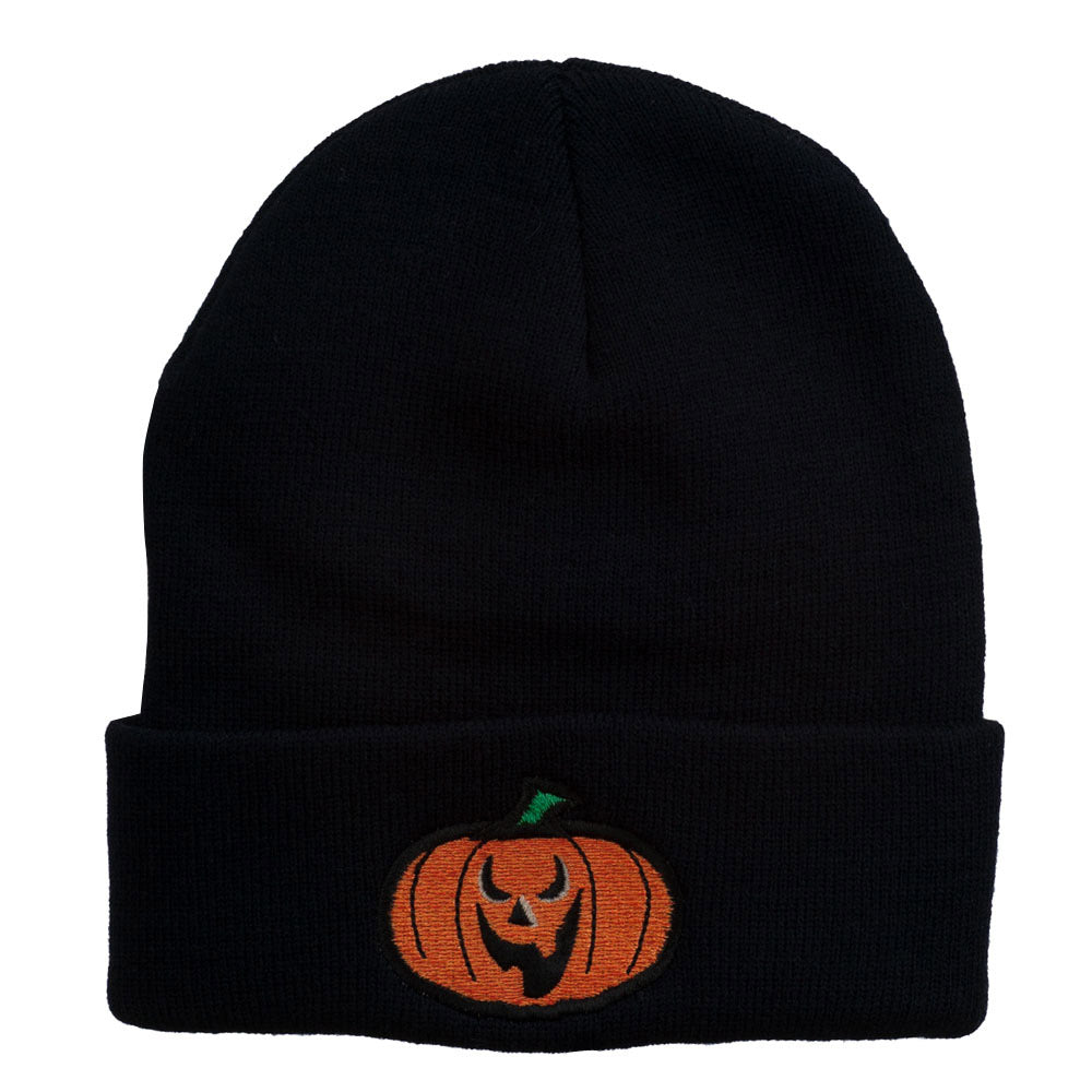 Halloween Scary Jack o Lantern Embroidered Long Beanie - Navy OSFM